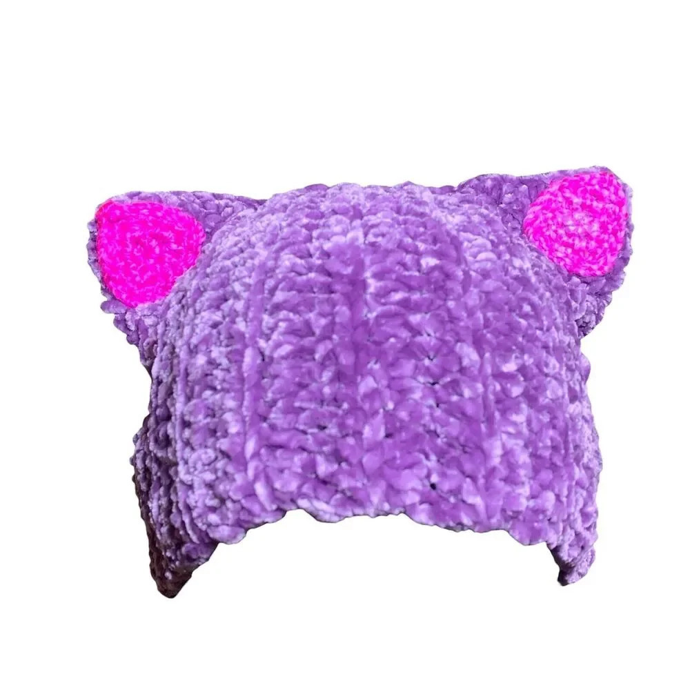 Handmade Trendy Crochet Kitty Cat Ear Beanie Unisex Purple Pink Adult One Size